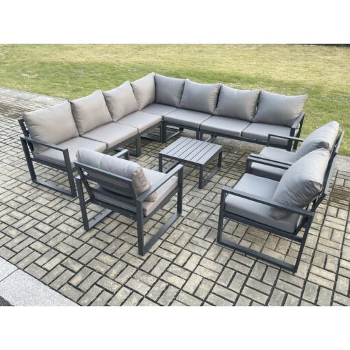 Fimous - Outdoor Garden Furniture Patio Lounge Corner Sofa Aluminium Set with Square Coffee Table 3 Pcs Arm Chairs Dark Grey