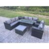 Fimous Outdoor Garden Furniture Rattan Lounge Sofa Set Patio Rectangular Dining Table with 2 Armchair Side Table Big Footstool 9 Seater Dark Grey