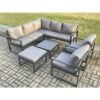 Fimous Outdoor Garden Furniture Set Aluminium Lounge Sofa Square Coffee Table Sets with 2 Pcs Chair Big Footstool Indoor Conservatory Set Dark Grey