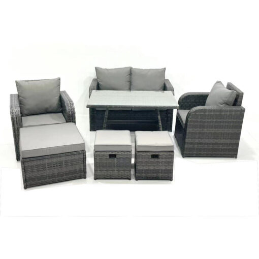 Fimous Outdoor Garden Furniture Set Rattan Sofa Dining Table Set with Reclining Chair 3 Footstool Dark Grey Mixed