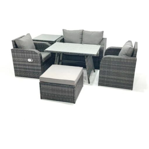 Fimous - Outdoor Garden Furniture Set Rattan Sofa Dining Table Set with Reclining Chair Side Table Big Footstool Dark Grey Mixed