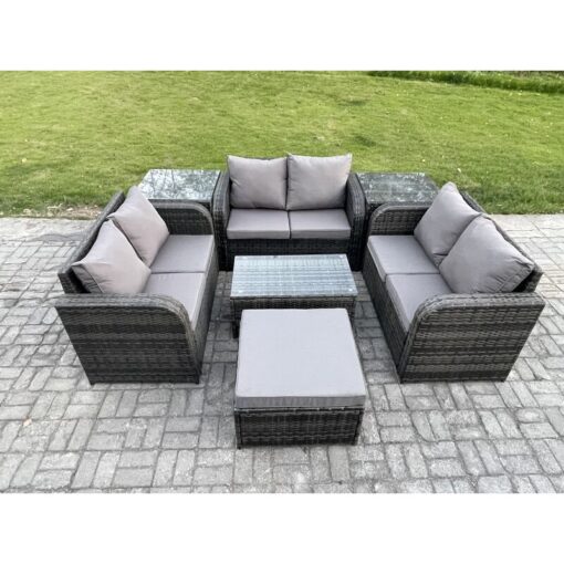 Fimous Outdoor Garden Furniture Sets 7 Seater Wicker Rattan Furniture Sofa Sets with Rectangular Coffee Table Love Sofa 2 Side Tables Big Footstool