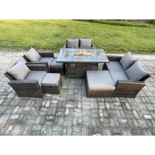 Fimous Outdoor Garden Furniture Sets 8 Pieces Wicker Rattan Furniture Gas Firepit Dining Table Sofa Set with 3 Footstools Dark Grey Mixed