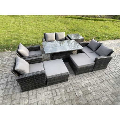 Fimous Outdoor Garden Furniture Sets 8 Pieces Wicker Rattan Furniture Sofa Dining Table Set with 2 Big Footstool Side Table Dark Grey Mixed