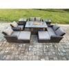 Fimous Outdoor Garden Furniture Sets 9 Pieces Wicker Rattan Furniture Gas Firepit Dining Table Sofa Set with 2 Big Footstool 2 Side Tables Dark Grey