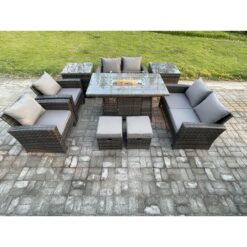 Fimous Outdoor Garden Furniture Sets 9 Pieces Wicker Rattan Furniture Gas Firepit Dining Table Sofa Set with 2 Small Footstools 2 Side Tables Dark