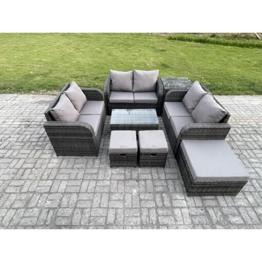 Fimous Outdoor Garden Furniture Sets 9 Seater Wicker Rattan Furniture Sofa Sets with Rectangular Coffee Table Love Sofa 3 Footstools Side Table Dark