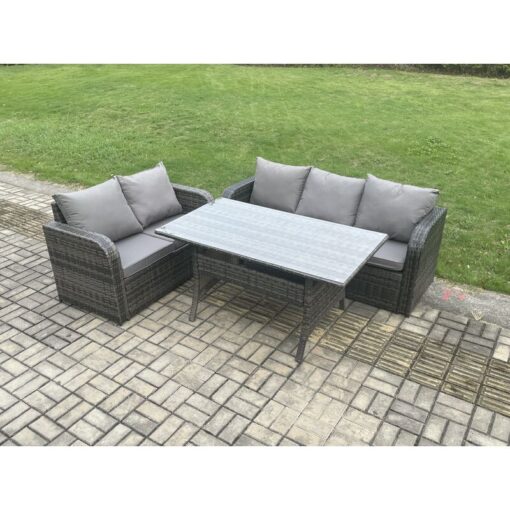 Fimous - Outdoor Garden Patio Furniture Wicker Rattan Oblong Rectangular Dining Table and Lounge Sofa set Dark Grey Mixed