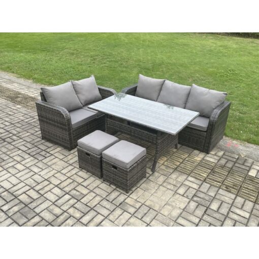 Fimous - Outdoor Garden Patio Furniture Wicker Rattan Oblong Rectangular Dining Table and Lounge Sofa set with 2 Small Footstools Dark Grey Mixed