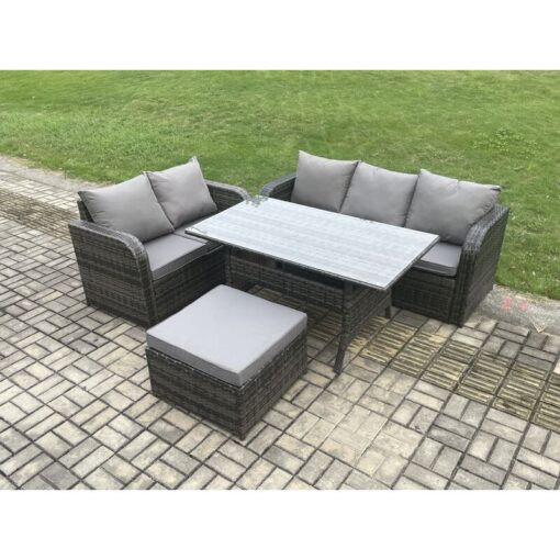 Fimous - Outdoor Garden Patio Furniture Wicker Rattan Oblong Rectangular Dining Table and Lounge Sofa set with Big Footstool Dark Grey Mixed