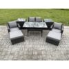 Fimous - Outdoor Lounge Sofa Garden Furniture Set Rattan Rectangular Dining Table with Double Seat Sofa Armchair 2 Big Footstool 2 Side Tables 6