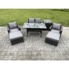 Fimous Outdoor Lounge Sofa Garden Furniture Set Rattan Rectangular Dining Table with Double Seat Sofa Armchair 2 Big Footstool Side Table 6 Seater