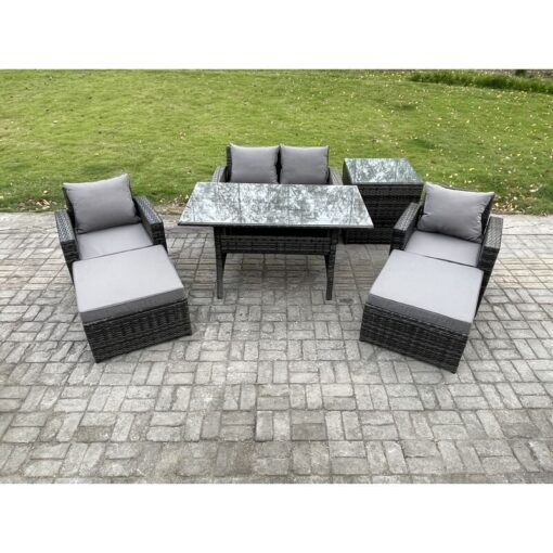 Fimous Outdoor Lounge Sofa Garden Furniture Set Rattan Rectangular Dining Table with Double Seat Sofa Armchair 2 Big Footstool Side Table 6 Seater