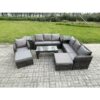 Fimous - Outdoor Lounge Sofa Set 9 Seater Rattan Garden Furniture Set with Rectangular Coffee Table 3 Seater Sofa 2 Side Tables 2 Big Footstool Dark