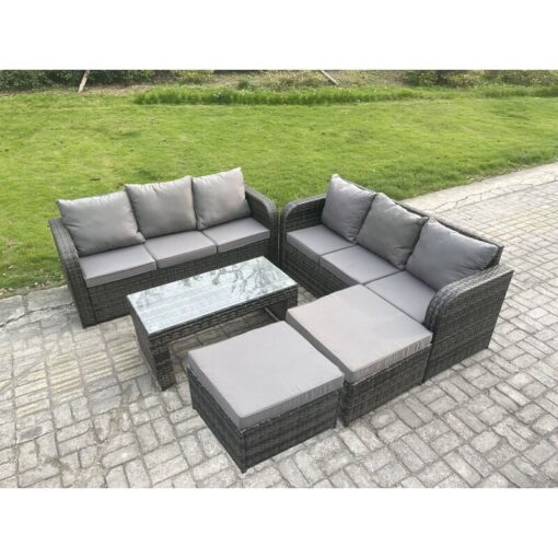 Fimous Outdoor Lounge Sofa Set Rattan Garden Furniture Set with Rectangular Coffee Table 2 Big Footstool 3 Seater Sofa Dark Grey Mixed