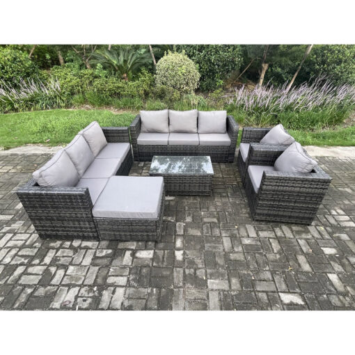 Fimous Outdoor Lounge Sofa Set Wicker PE Rattan Garden Furniture Set with 2 Armchair Oblong Coffee Table Big Footstool Dark Grey Mixed