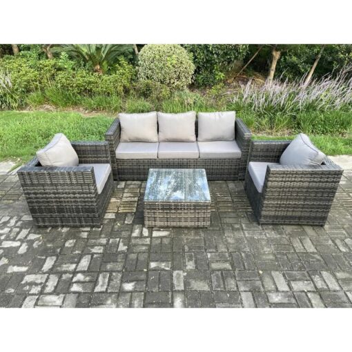 Fimous Outdoor Lounge Sofa Set Wicker PE Rattan Garden Furniture Set with Armchair Square Coffee Table Dark Grey Mixed