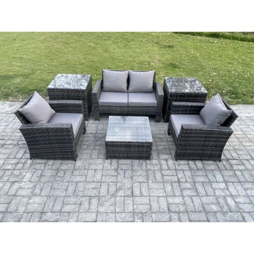 Fimous Outdoor Lounge Sofa Set Wicker PE Rattan Garden Furniture Set with Armchair Square Coffee Table Double Seat Sofa 2 Side Tables Dark Grey Mixed