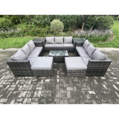 Fimous Outdoor Lounge Sofa Set Wicker PE Rattan Garden Furniture Set with Oblong Coffee Table 2 Side Tables 2 Big Footstool 11Seater Dark Grey Mixed