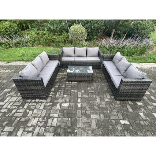 Fimous Outdoor Lounge Sofa Set Wicker PE Rattan Garden Furniture Set with Oblong Coffee Table Dark Grey Mixed