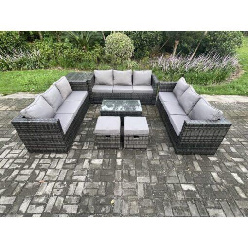 Fimous Outdoor Lounge Sofa Set Wicker PE Rattan Garden Furniture Set with Oblong Coffee Table Side Table 2 Small Footstools Dark Grey Mixed