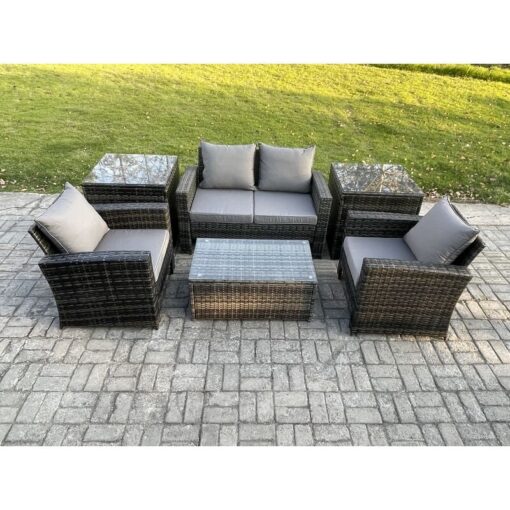 Fimous Outdoor Lounge Sofa Set Wicker PE Rattan Garden Furniture Set with Rectangular Coffee Table Double Seat Sofa 2 Side Tables Dark Grey Mixed