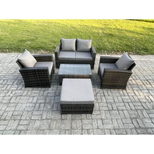 Fimous Outdoor Lounge Sofa Set Wicker PE Rattan Garden Furniture Set with Rectangular Coffee Table Double Seat Sofa Big Footstool Dark Grey Mixed