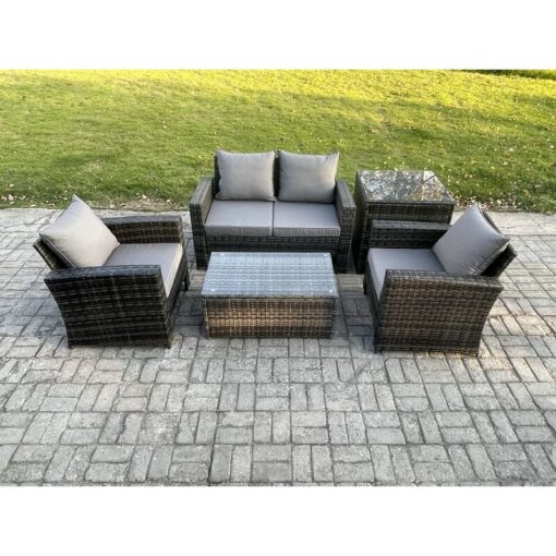 Fimous Outdoor Lounge Sofa Set Wicker PE Rattan Garden Furniture Set with Rectangular Coffee Table Double Seat Sofa Side Table Dark Grey Mixed