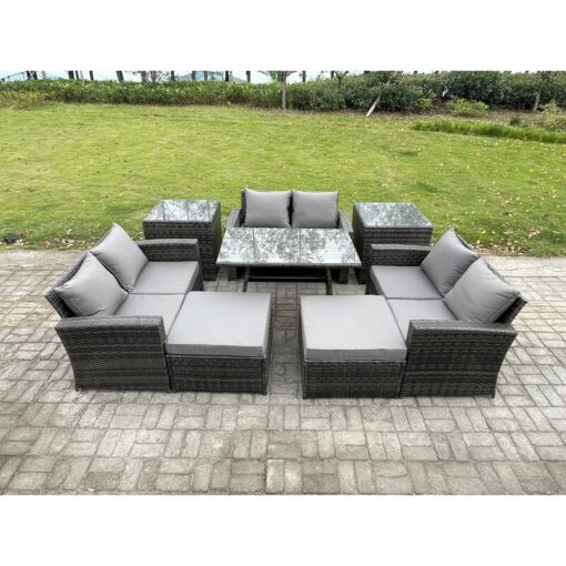 Fimous - Outdoor Lounge Sofa Set Wicker pe Rattan Garden Furniture Set with Rectangular Dining Table 2 Seat Sofa 2 Big Footstool 2 Side Tables Dark