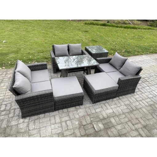 Fimous - Outdoor Lounge Sofa Set Wicker pe Rattan Garden Furniture Set with Rectangular Dining Table 2 Seat Sofa 2 Big Footstool Side Table Dark Grey