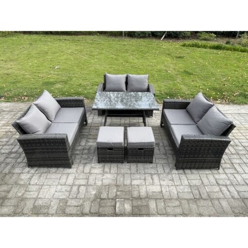 Fimous - Outdoor Lounge Sofa Set Wicker pe Rattan Garden Furniture Set with Rectangular Dining Table 2 Seat Sofa 2 Small Footstools Dark Grey Mixed