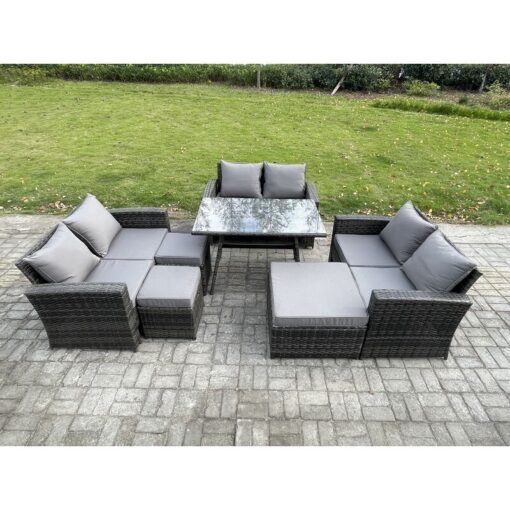 Fimous - Outdoor Lounge Sofa Set Wicker pe Rattan Garden Furniture Set with Rectangular Dining Table 2 Seat Sofa 3 Footstools Dark Grey Mixed