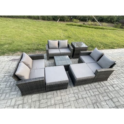 Fimous - Outdoor Lounge Sofa Set Wicker pe Rattan Garden Furniture Set with Square Coffee Table Double Seat Sofa 2 Big Footstool Side Table Dark Grey