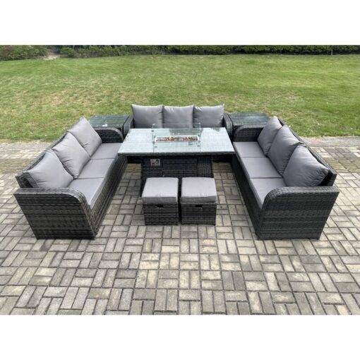 Fimous - Outdoor Rattan Furniture Garden Dining Set Gas Fire Pit Table With 2 Side Tables Lounge Sofa 2 Small Footstool