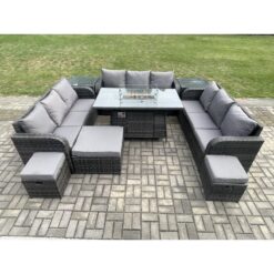 Fimous - Outdoor Rattan Furniture Garden Dining Set Gas Fire Pit Table With 2 Side Tables Lounge Sofa 3 Footstool