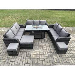 Fimous - Outdoor Rattan Furniture Garden Dining Set Gas Fire Pit Table With Lounge Sofa 3 Footstool