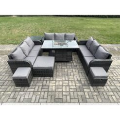 Fimous - Outdoor Rattan Furniture Garden Dining Set Gas Fire Pit Table With Side Table Lounge Sofa 3 Footstool