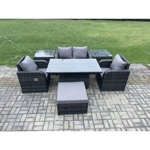 Fimous Outdoor Rattan Furniture Garden Dining Set Height Adjustable Rising lifting Table Love Sofa Chair With 2 Side Tables Big Footstool