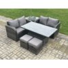 Fimous Outdoor Rattan Furniture Garden Dining Set Height Adjustable Rising lifting Table Love Sofa Set With Side Table 2 Small Footstool Dark Grey