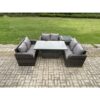 Fimous Outdoor Rattan Furniture Garden Dining Set Height Adjustable Rising lifting Table With 3 PC Love Sofa Side Table