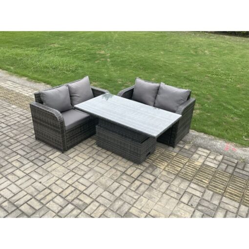 Fimous - Outdoor Rattan Furniture Garden Dining Set Height Adjustable Rising lifting Table With Love Sofa Dark Grey Mixed