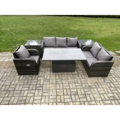 Fimous - Outdoor Rattan Furniture Garden Dining Set Patio Height Adjustable Rising lifting Table Reclining Chair Sofa With 2 Side Tables Dark Grey