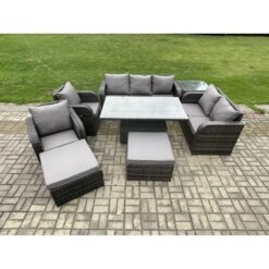 Fimous Outdoor Rattan Furniture Garden Dining Set Patio Height Adjustable Rising lifting Table Reclining Chair Sofa With Side Table 2 Big Footstools