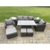 Fimous Outdoor Rattan Furniture Sofa Garden Dining Sets Height Adjustable Rising lifting Table and Chair Set With 2 Side Tables 3 Footstools