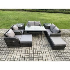 Fimous Outdoor Rattan Garden Furniture 9 piece Grey Patio Furniture Set 8 Seater Lounge Sofa Set with Rectangular Table Reclining Chairs 2 Big Stools