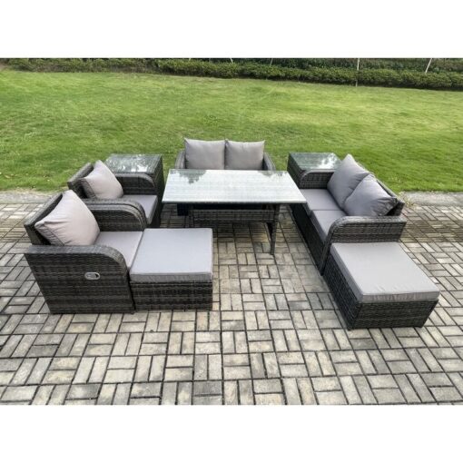 Fimous Outdoor Rattan Garden Furniture 9 piece Grey Patio Furniture Set 8 Seater Lounge Sofa Set with Rectangular Table Reclining Chairs 2 Big Stools