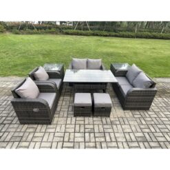 Fimous Outdoor Rattan Garden Furniture 9 piece Grey Patio Furniture Set 8 Seater Lounge Sofa Set with Rectangular Table Reclining Chairs 2 Stools 2