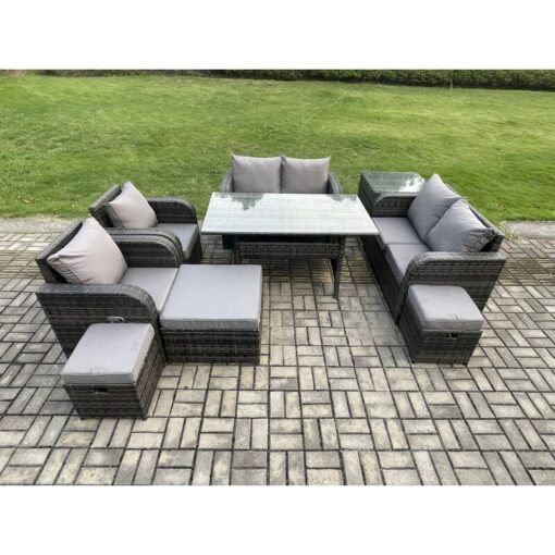 Fimous Outdoor Rattan Garden Furniture 9 piece Grey Patio Furniture Set 9 Seater Lounge Sofa Set with Rectangular Table Reclining Chairs 3 Stools