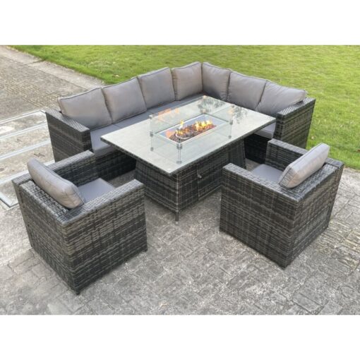 Fimous - Outdoor Rattan Garden Furniture Corner Sofa Burner Gas Fire Pit Table Sets Lounge Chairs Dark Grey 8 Seater