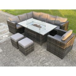 Fimous - Outdoor Rattan Garden Furniture Corner Sofa Set Gas Fire Pit Table Sets Gas Heater Lounge Small Footstools Chair Dark Grey 9 Seater